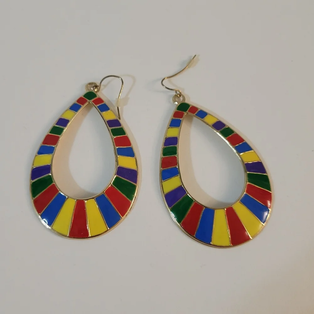 Open Teardrop Enameled Pierced Multicolored Earrings